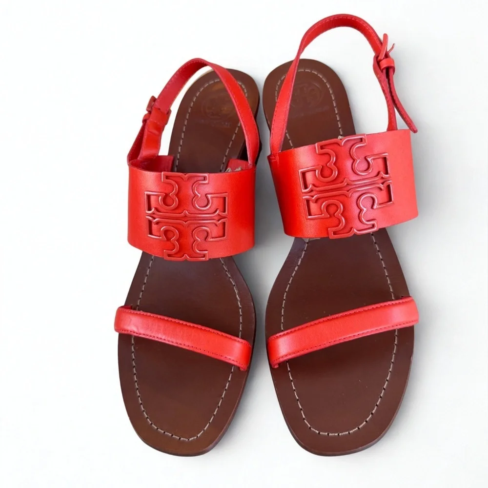 NWOB TORY BURCH Double T City Sandal Red Leather Block Heel 11M + Dust Bag - Picture 3 of 7